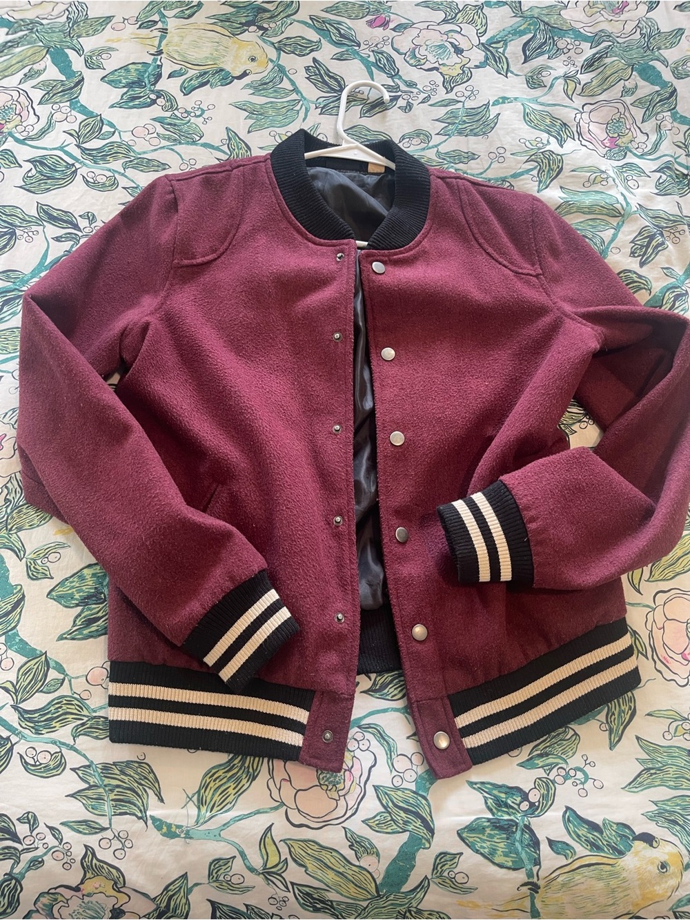 Women’s Burgundy Bomber Jacket with Striped Trim, Large